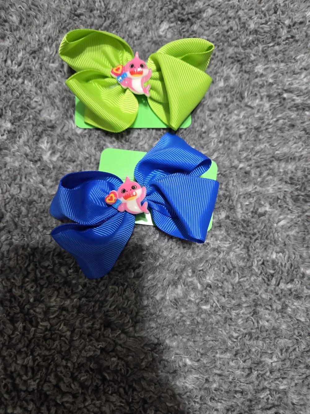 Kids Hair Bows with Pink Shark Charm - Blue and Lime